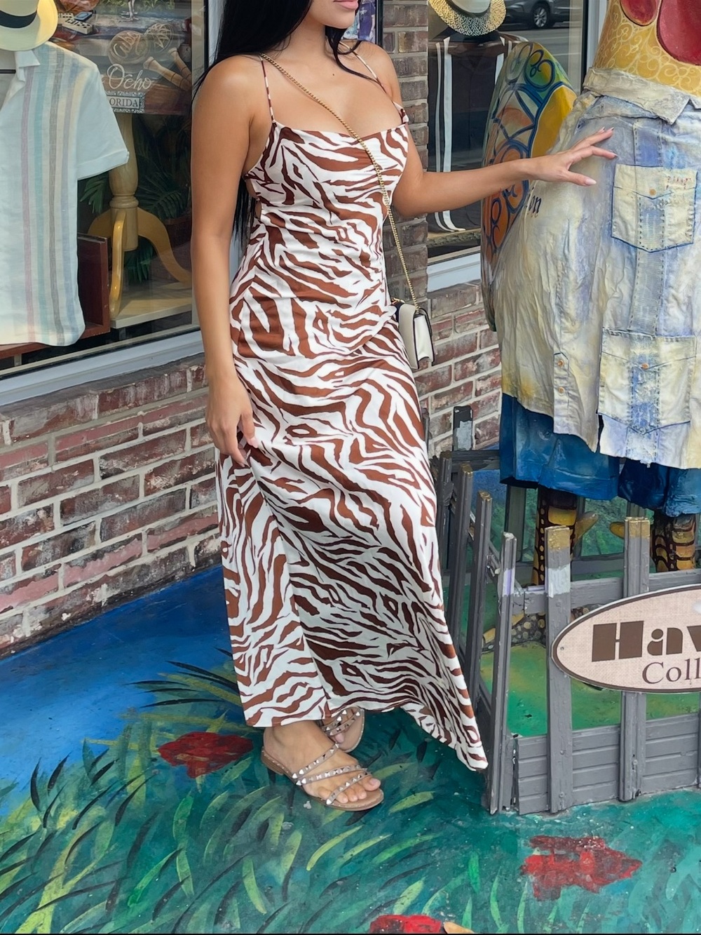 SHEIN Brown and White Zebra Print Slip Maxi Dress